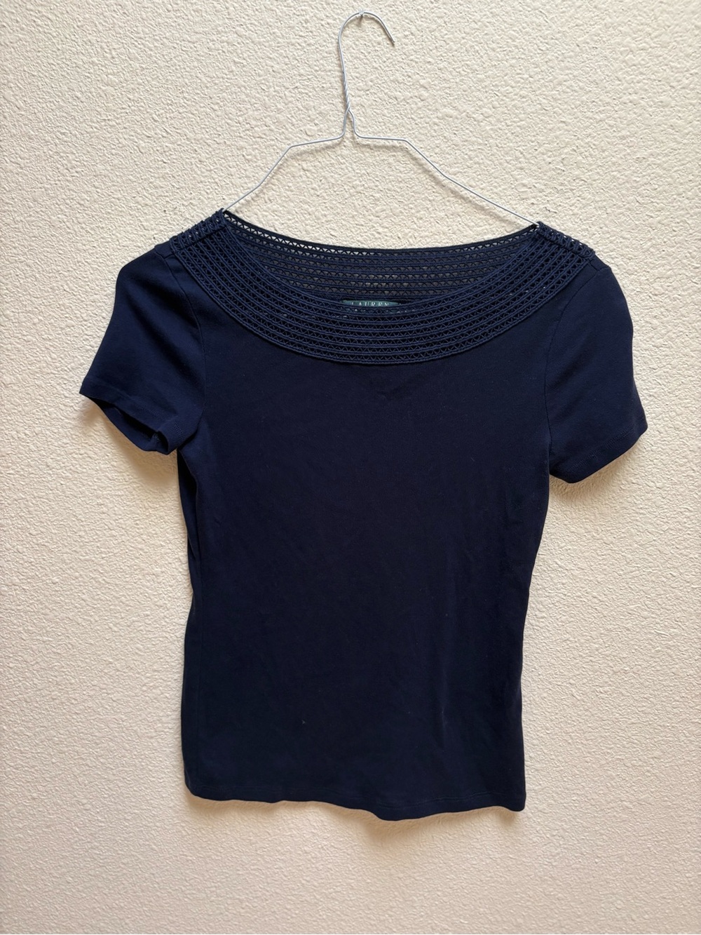 Ralph Lauren Navy Short Sleeve Top with Crochet Yoke
